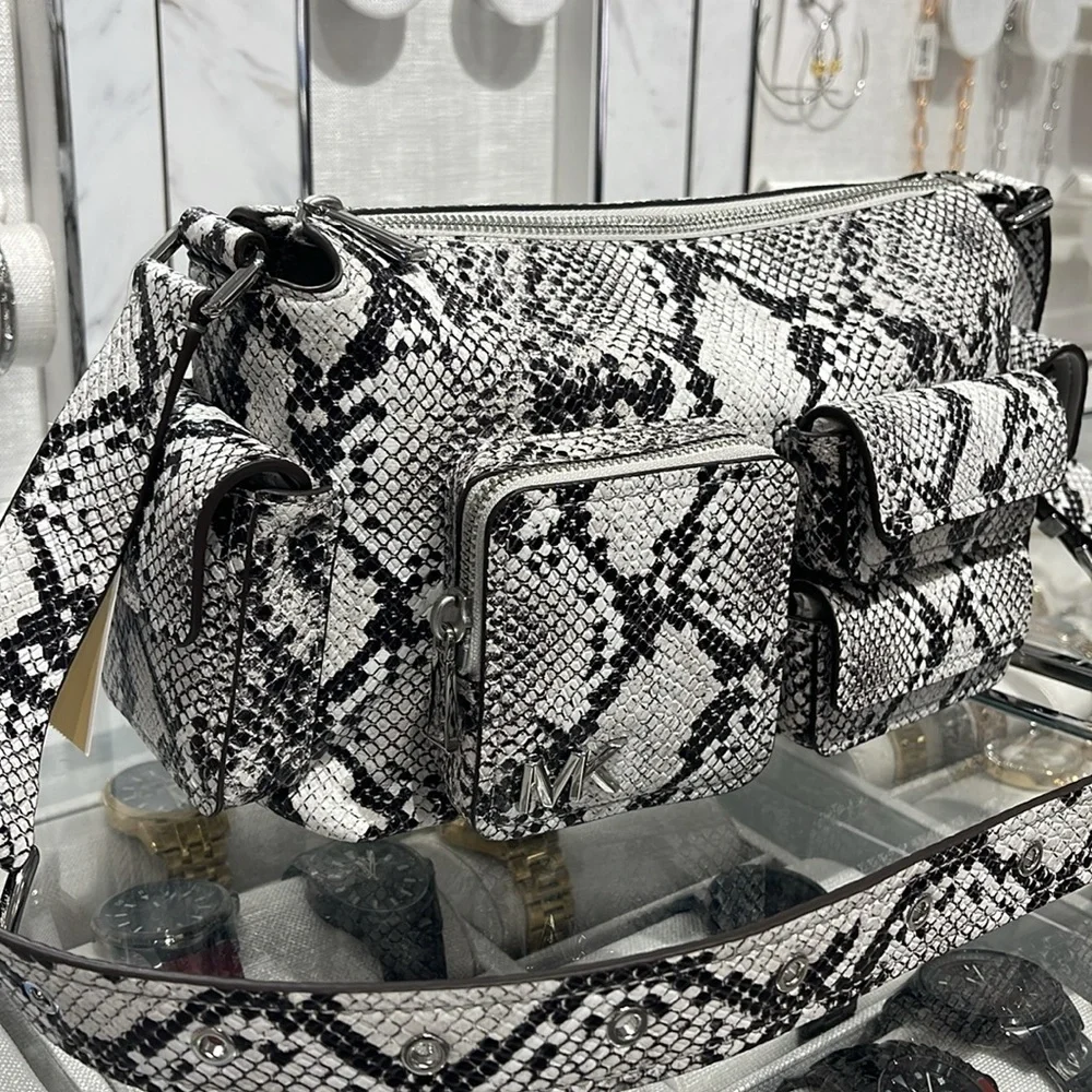 MICHAEL KORS Dakota Medium Snake Embossed Leather Pocket Shoulder Bag ALUMINUM